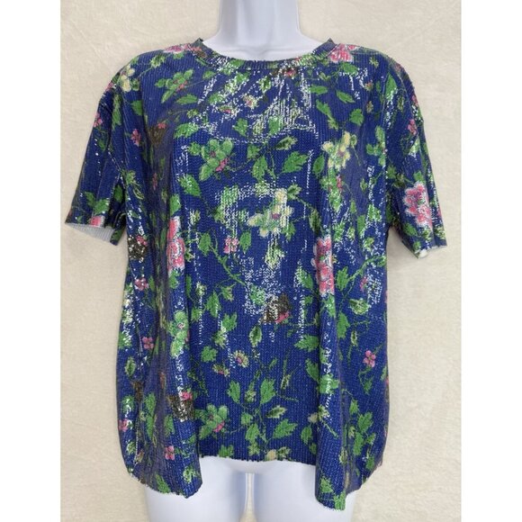 Zara Trafaluc Size Medium Blue Floral Sequin T-Shirt Blouse - Picture 2 of 8